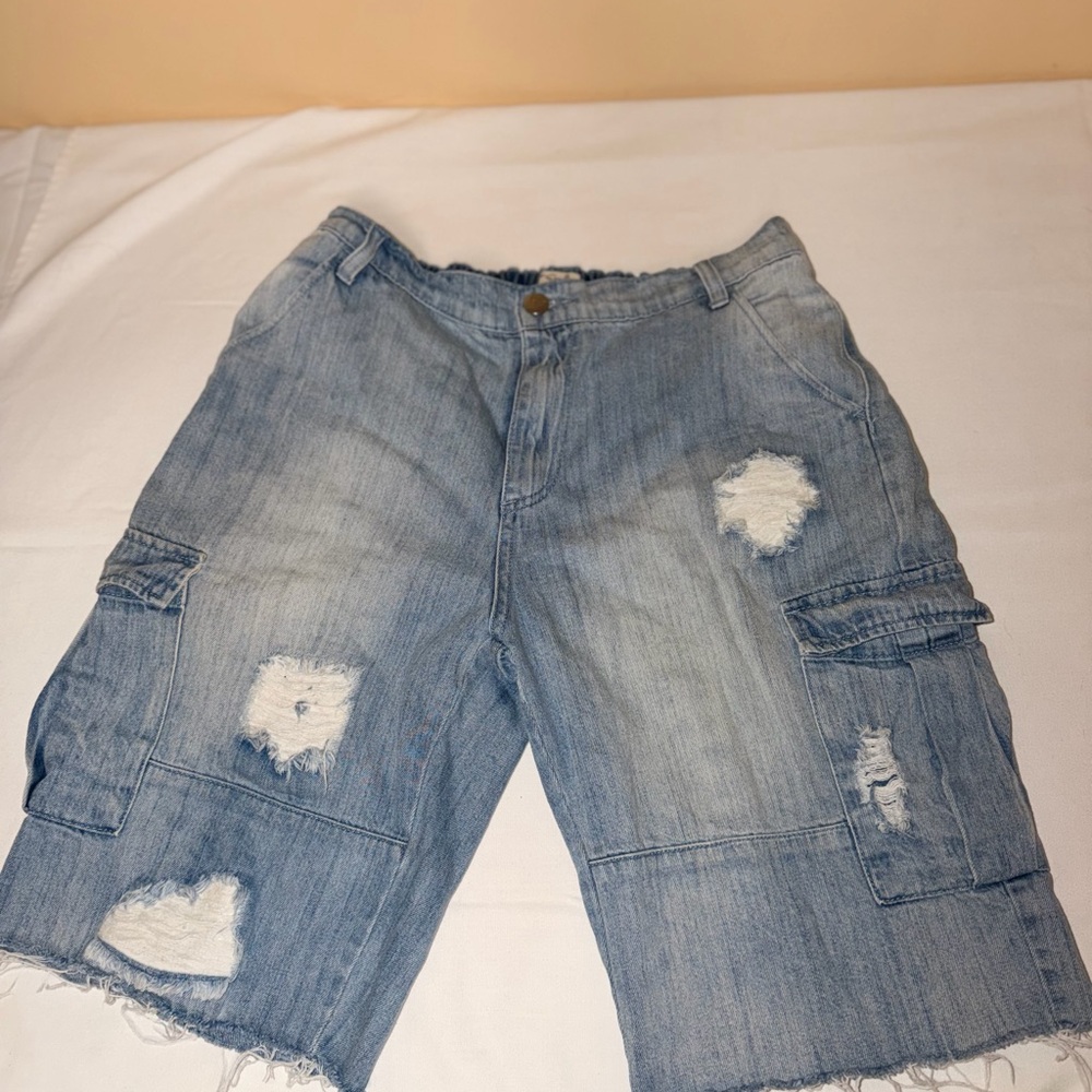 Men’s Y2K Easel Blue Denim Shorts distressed size Large